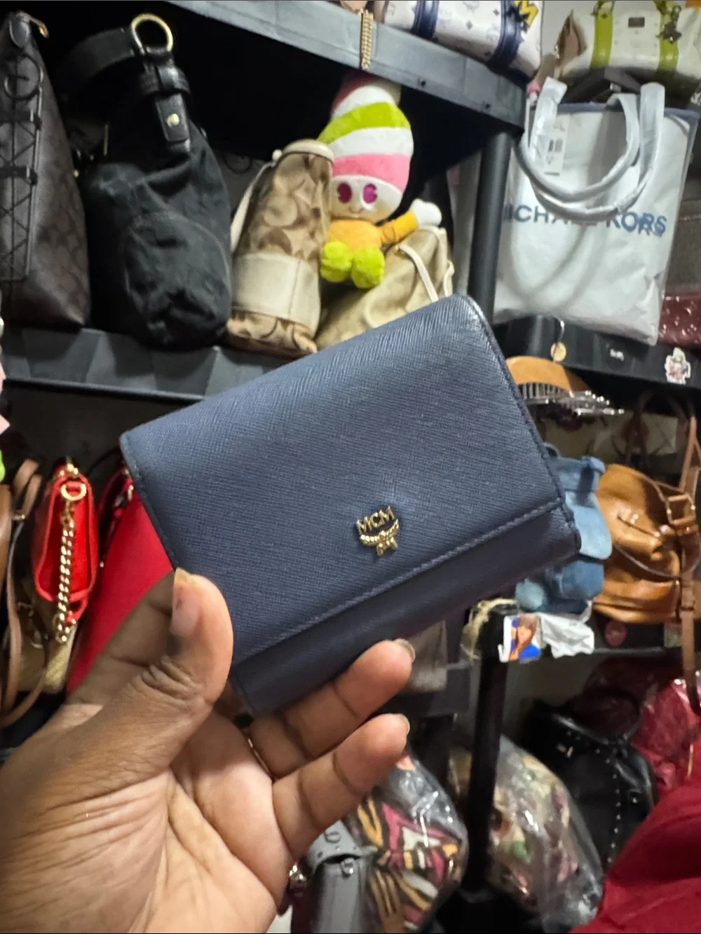 MCM Compact Leather Card Holder in Navy